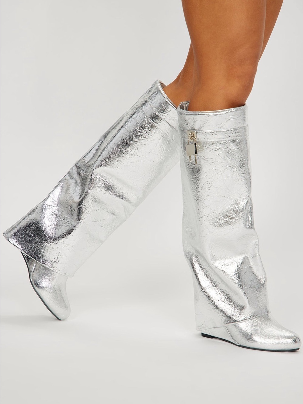 Fashion Nova Metallic Silver Over-The-Knee Wedge Boots
